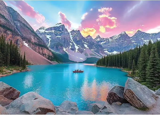 Blueforest moraine lake 1000 piece puzzle showing a turquoise lake with snow-capped mountains and a boat at sunset