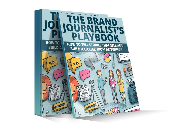 The brand journalists playbook is a vibrant illustrated guide with cartoon journalists and media tools on the cover