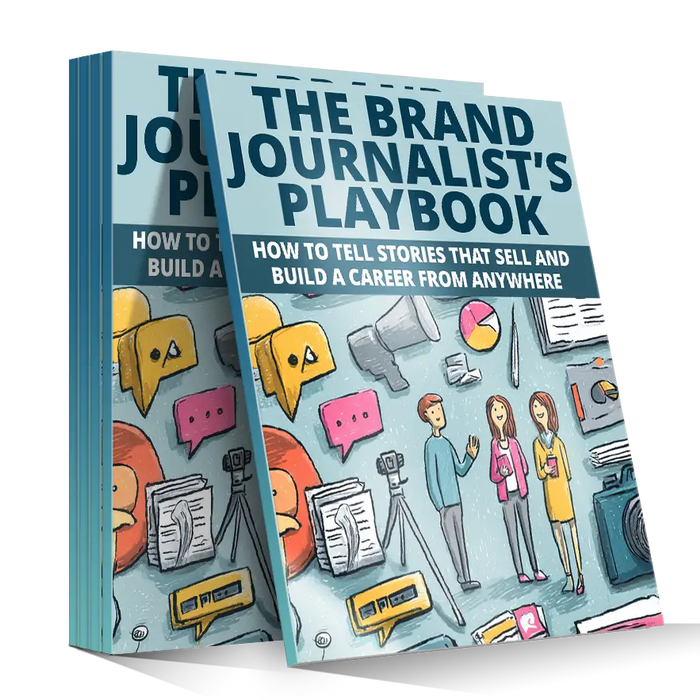 The brand journalists playbook is a vibrant illustrated guide with cartoon journalists and media tools on the cover