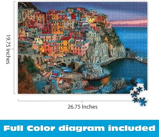 Buffalo Games 1418 signature series 1000-piece puzzle of a vibrant colorful coastal village with illuminated buildings and boats