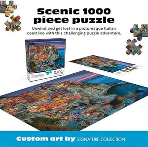 A vibrant colorful 1000-piece Buffalo Games Cinque Terre jigsaw puzzle depicting an Italian coastal village at twilight