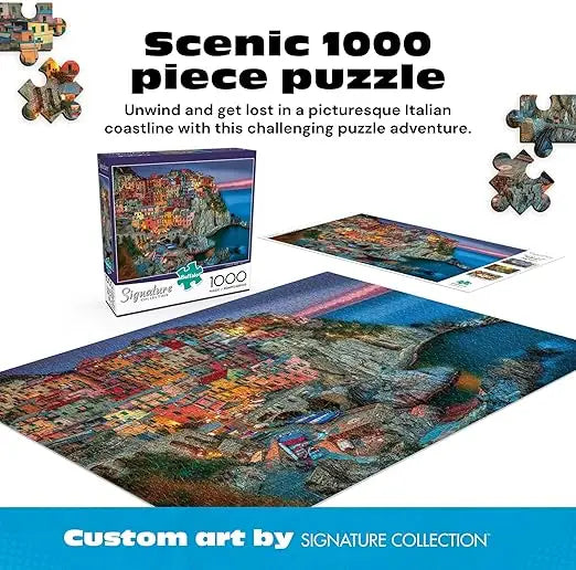 Buffalo Games 1418 signature series 1000-piece puzzle of a vibrant colorful coastal village with illuminated buildings and boats