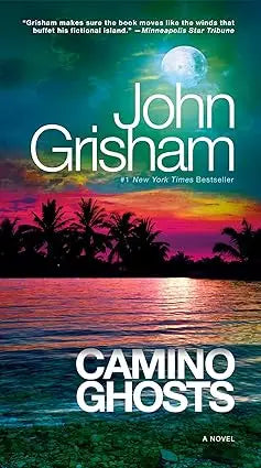 The book cover of Camino Ghosts by John Grisham shows a vibrant sunset with palm trees and a full moon over water