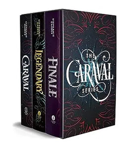 The caraval paperback boxed set features three hardcover books with dark purple spines and ornate black and red covers
