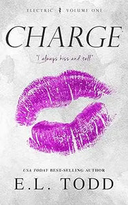Purple lipstick kiss mark on a textured gray book cover of the product charge