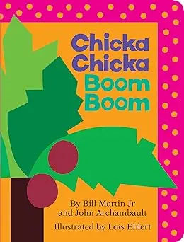 The vibrant cover of the children’s book Chicka Chicka Boom Boom features green tree leaves and red fruit on yellow