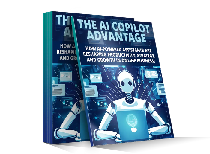 Blue hardcover book titled the ai copilot advantage with a white robot illustration for competitive edge in ai use