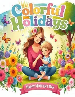 Colorful holidays coloring book featuring a vibrant mother’s day card with a smiling woman and child surrounded by flowers