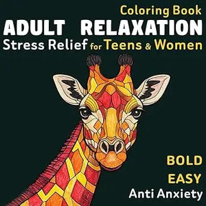 A vibrant giraffe illustration in warm orange and red tones on a dark green adult coloring book cover for relaxation