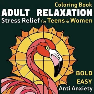 A coloring book adult relaxation cover with a vibrant pink flamingo stained-glass design and yellow sunburst background