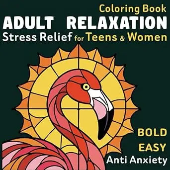 A coloring book adult relaxation cover with a vibrant pink flamingo stained-glass design and yellow sunburst background