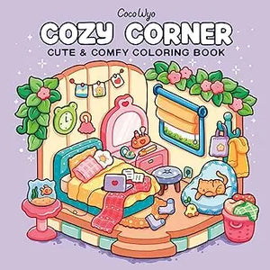 Cozy corner coloring book with pastel illustrations of a cute whimsical bedroom scene for adults and kids