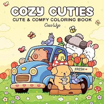 Cozy cuties coloring book by coco wyo with cartoon animals in a blue vintage car surrounded by flowers and butterflies