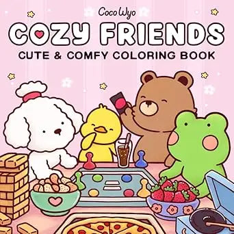 Cozy friends coloring book featuring adorable cartoon animals gathered around a table with food and drinks