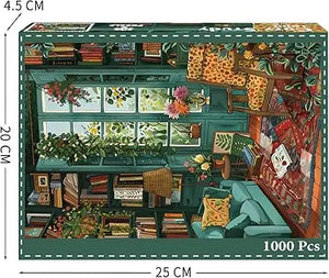 A 1000-piece jigsaw puzzle featuring a cozy green reading nook with bookshelves plants and floral accents for adults