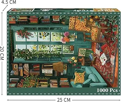 Cozy study puzzles 1000 pieces jigsaw puzzle featuring a teal armchair with leopard-print cushion and wooden frame