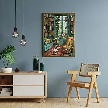 Cozy study puzzles 1000 pieces jigsaw puzzle featuring a teal armchair with leopard-print cushion and wooden frame