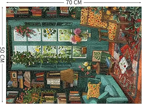 Cozy study puzzles 1000 pieces jigsaw puzzle featuring a teal armchair with leopard-print cushion and wooden frame