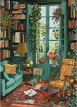 Cozy study puzzles 1000 pieces jigsaw puzzle featuring a teal armchair with leopard-print cushion and wooden frame
