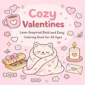 Cozy valentines love inspired bold easy coloring book with pink white illustrations of wrapped cat hearts and chocolates