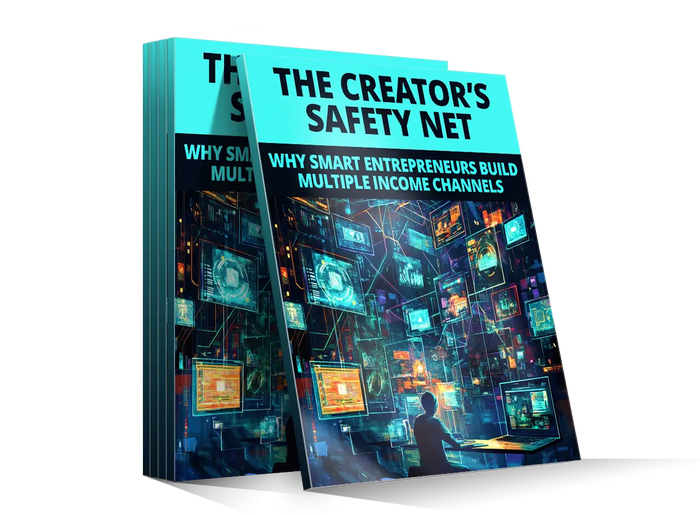 The creator’s safety net digital guidebook with vibrant cyan and black cover featuring glowing computer screens illustration
