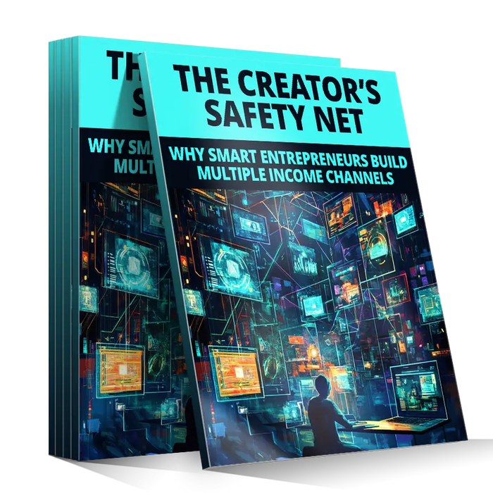 The creator’s safety net digital guidebook with vibrant cyan and black cover featuring glowing computer screens illustration