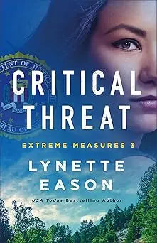 The book cover of critical threat shows a woman with dark hair and striking eyes against lush green trees and blue sky