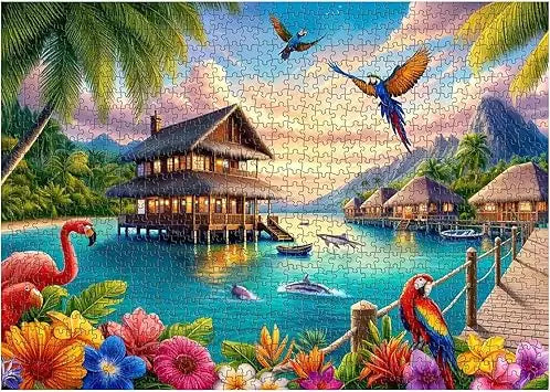 Crowm 1000-piece jigsaw puzzle features a vibrant tropical lakeside scene with colorful parrots flamingos and thatched huts