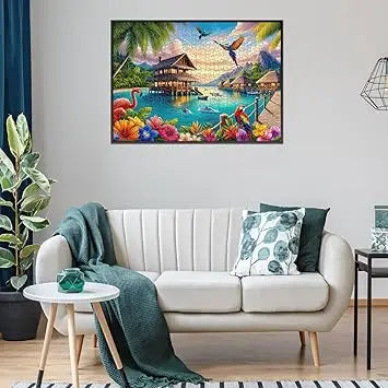 Crowm 1000-piece jigsaw puzzle features a vibrant tropical lakeside scene with colorful parrots flamingos and thatched huts