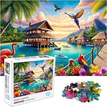 Crowm 1000-piece jigsaw puzzle features a vibrant tropical lakeside scene with colorful parrots flamingos and thatched huts