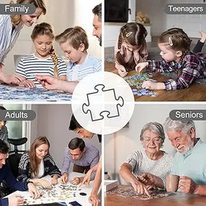 Crowm jigsaw puzzle for adults and families with 1000 colorful beach landscape pieces being assembled by different ages