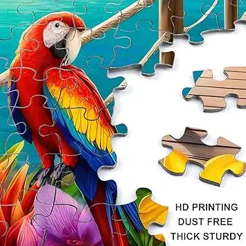 Crowm 1000-piece jigsaw puzzle features a vibrant tropical lakeside scene with colorful parrots flamingos and thatched huts