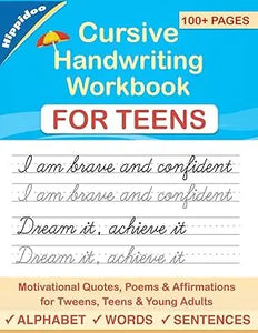 Blue cursive handwriting workbook for teens with motivational quotes and practice pages for skill building