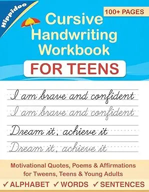 Blue cursive handwriting workbook for teens with motivational quotes and practice pages for skill building