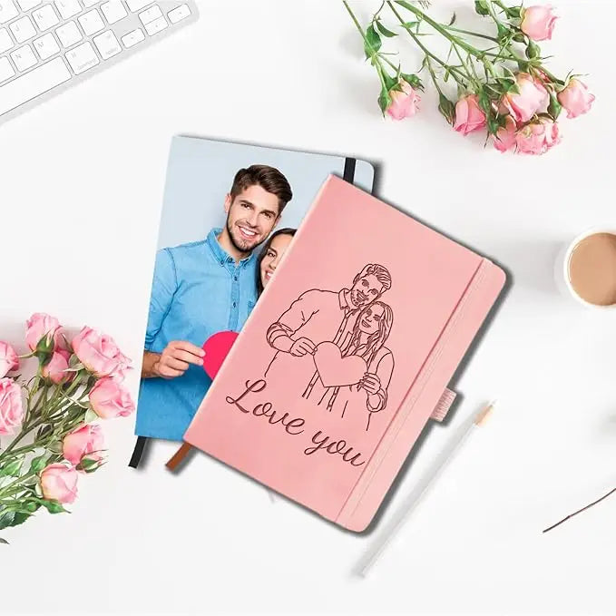 Light blue hardcover custom leather notebook with dark navy cursive name sampson and heart design for men and women