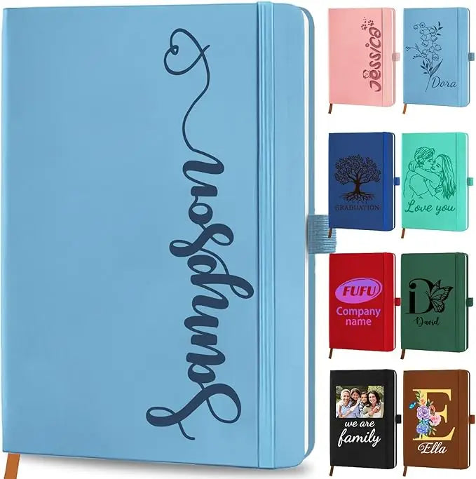 Light blue hardcover custom leather notebook with dark navy cursive name sampson and heart design for men and women