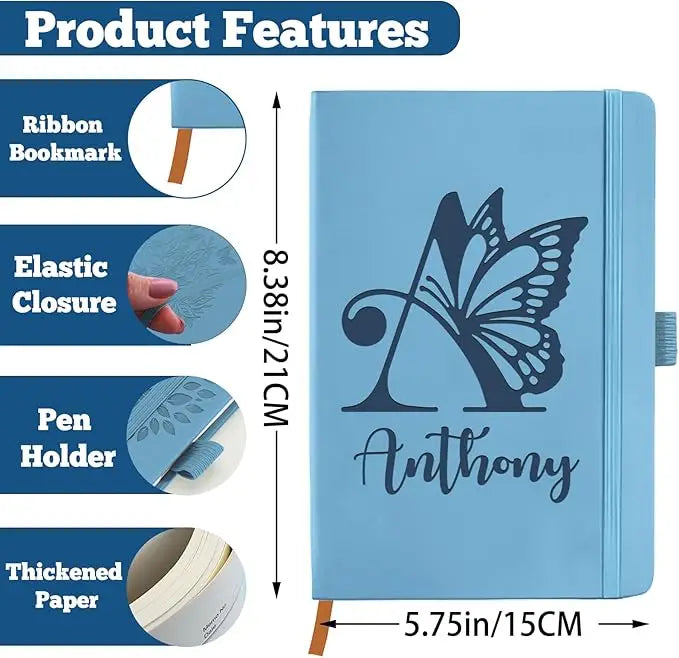 Light blue hardcover custom leather notebook with dark navy cursive name sampson and heart design for men and women
