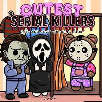 Cute cartoon-style coloring book cover featuring three iconic plush-like horror movie characters titled cutest serial killers
