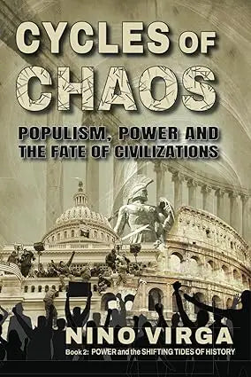 The book cover for cycles of chaos by nino virga features a sepia-toned classical architecture with silhouettes
