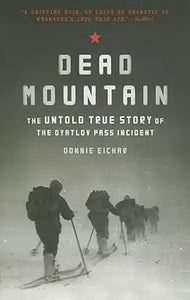 Black-and-white book cover of dead mountain featuring a group of hikers with skis on snowy terrain