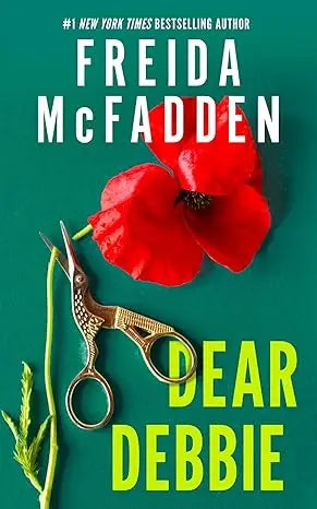 The book cover of Dear Debbie features a vibrant red poppy and gold-toned scissors on a deep teal background
