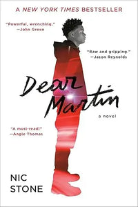 The book cover of Dear Martin features a red silhouette of a young man in profile on a white background