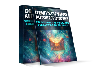 Stack of demystifying autoresponders ebooks with cosmic teal and purple nebula cover featuring flaming orange envelope
