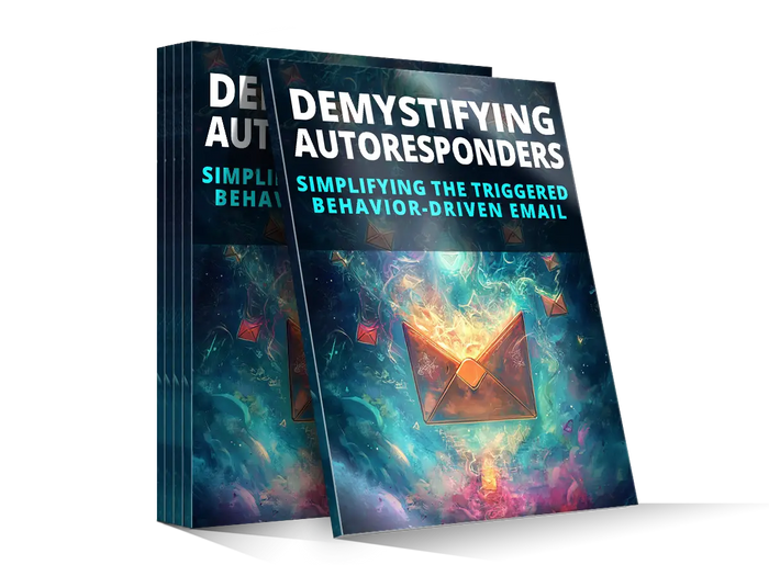 Stack of demystifying autoresponders ebooks with cosmic teal and purple nebula cover featuring flaming orange envelope