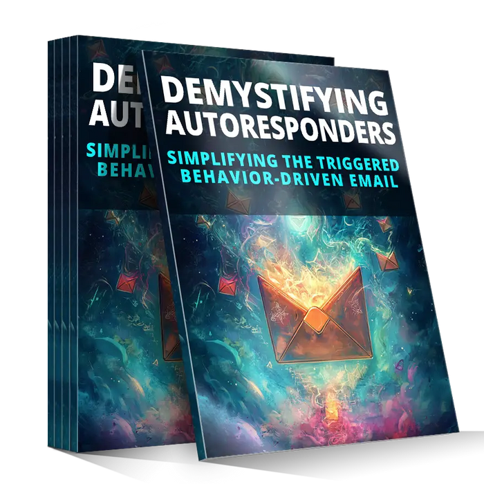 Stack of demystifying autoresponders ebooks with cosmic teal and purple nebula cover featuring flaming orange envelope