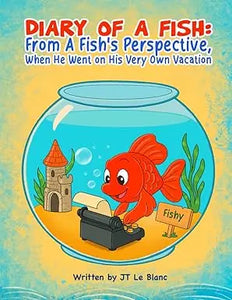 A cheerful red cartoon fish typing on a vintage typewriter inside a glass aquarium for diary of a fish book