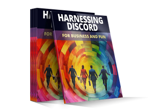 Stack of books titled harnessing discord for business and fun with vibrant rainbow cover showing people walking through tunnel