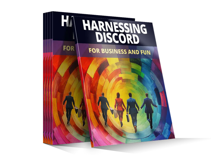 Stack of books titled harnessing discord for business and fun with vibrant rainbow cover showing people walking through tunnel