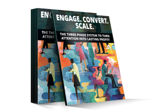 Stack of vibrant illustrated books titled engage in the product engage convert scale for marketing growth strategies