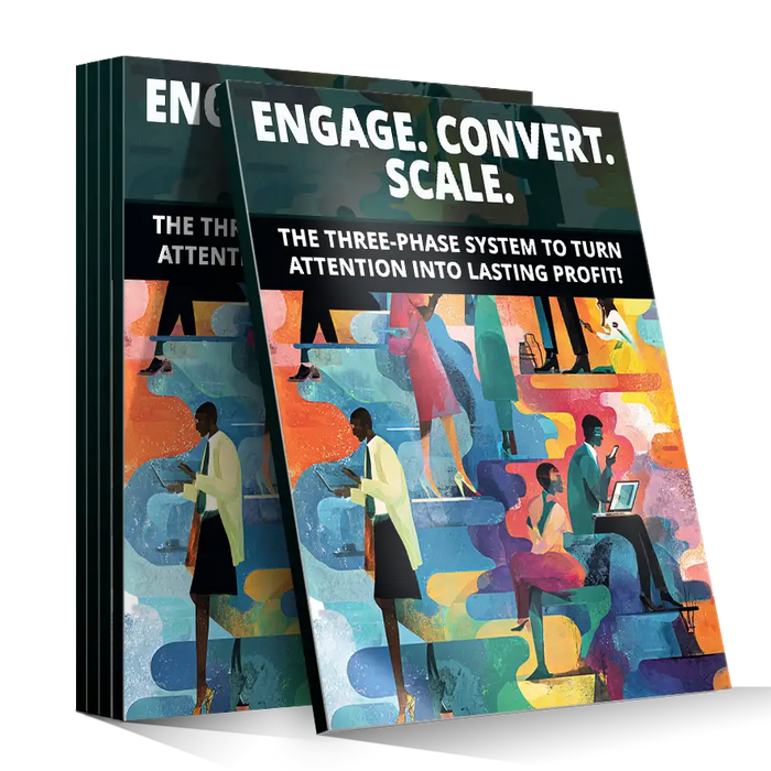 Stack of vibrant illustrated books titled engage in the product engage convert scale for marketing growth strategies
